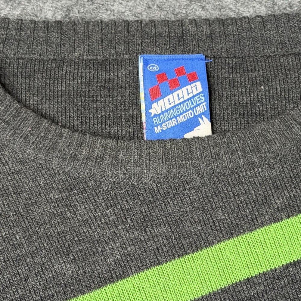 Mecca Sweater Mens XXL Gray Green Crewneck Striped Embroidered Logo Y2K - Picture 3 of 9